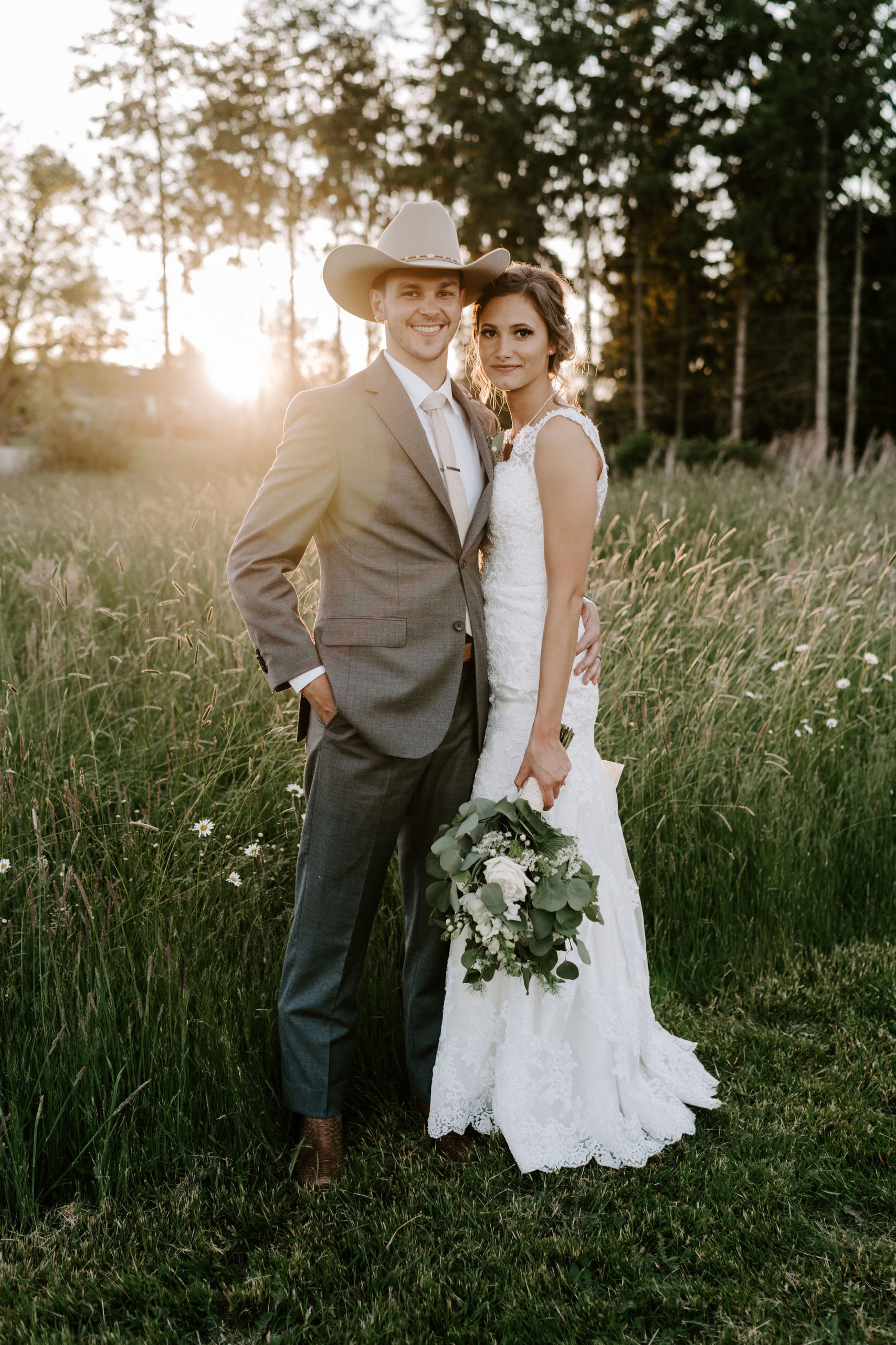 sunset portraits with bride and groom 